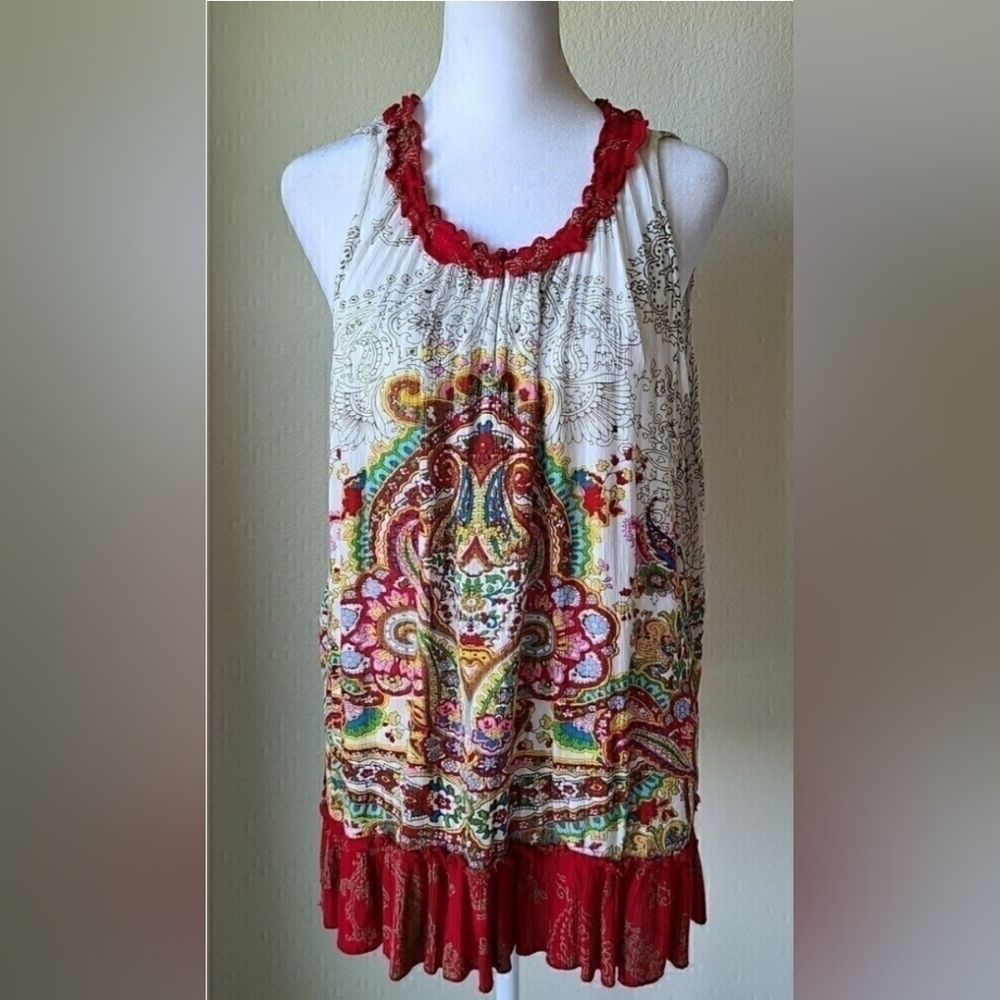 Bila Bohemian Tank Large Paisley Ruffles Scoop Neck Colorful Women's Sleeveless